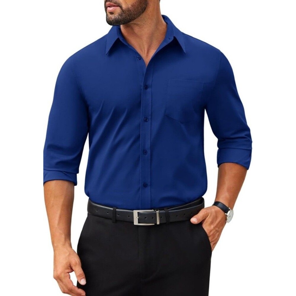 Coofandy Shirt Size 3XL Blue Button Up Long-Sleeve Collar‎ Cuffs Accents